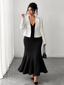 SHEIN Elenzya Women's Autumn/Winter Polka Dot Long Sleeve Top + Solid Color V-Neck Cami Dress 2 Pieces Set Fall - Black and White - View 9