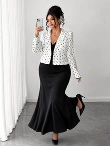 SHEIN Elenzya Women's Autumn/Winter Polka Dot Long Sleeve Top + Solid Color V-Neck Cami Dress 2 Pieces Set Fall - Black and White - View 4