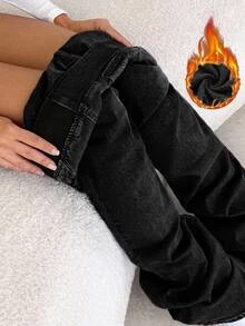 SHEIN Tall Women's High Waist Casual Streetwear Versatile Flare Jeans Everyday Going Out Dark Wash Winter - Black - View 6