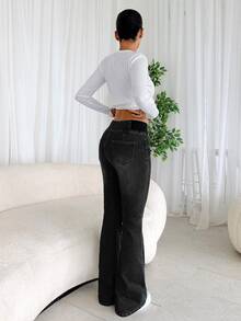 SHEIN Tall Women's High Waist Casual Streetwear Versatile Flare Jeans Everyday Going Out Dark Wash Winter - Black - View 5
