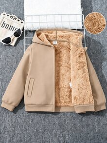SHEIN 兒童青少年男孩休閒保暖內裡加厚寬鬆連帽外套，冬季外套，男孩服飾，基礎上衣，適合秋冬/冬季，校園穿著 - 卡其色 - 查看 2