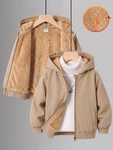 SHEIN 兒童青少年男孩休閒保暖內裡加厚寬鬆連帽外套，冬季外套，男孩服飾，基礎上衣，適合秋冬/冬季，校園穿著 - 卡其色 - 查看 3