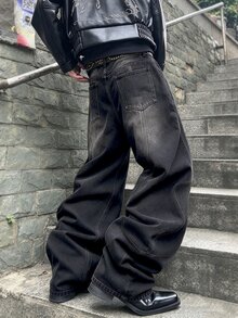 Manfinity Hypemode 男士復古水洗深色解構縫線彎曲寬腿牛仔褲，Y2K街頭風寬鬆香蕉褲，適合海灘度假假期秋季 - 黑色 - 查看 2