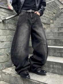 Manfinity Hypemode 男士復古水洗深色解構縫線彎曲寬腿牛仔褲，Y2K街頭風寬鬆香蕉褲，適合海灘度假假期秋季 - 黑色 - 查看 5