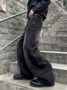 Manfinity Hypemode 男士復古水洗深色解構縫線彎曲寬腿牛仔褲，Y2K街頭風寬鬆香蕉褲，適合海灘度假假期秋季 - 黑色 - 查看 6