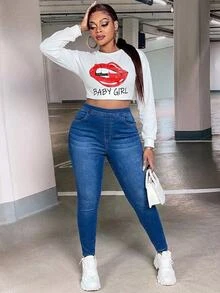 SHEIN CURVE+ Plus Size Women's Casual Daily Wear Denim Jeans With Pockets - Blue - View 7