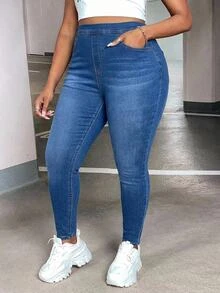 SHEIN CURVE+ Plus Size Women's Casual Daily Wear Denim Jeans With Pockets - Blue - View 5