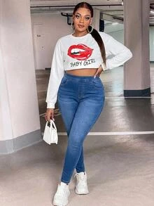 SHEIN CURVE+ Plus Size Women's Casual Daily Wear Denim Jeans With Pockets - Blue - View 8