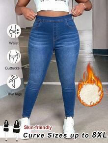 SHEIN CURVE+ Plus Size Women's Casual Daily Wear Denim Jeans With Pockets - Blue - View 2