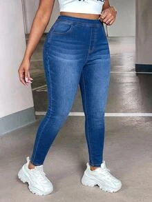 SHEIN CURVE+ Plus Size Women's Casual Daily Wear Denim Jeans With Pockets - Blue - View 4