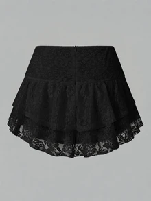 SHEIN LUNE Women's Summer Holiday Lace Embroidered Multi-Layered Skirt Y2K  For Holiday Party - Black - View 2