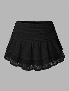 SHEIN LUNE Women's Summer Holiday Lace Embroidered Multi-Layered Skirt Y2K  For Holiday Party - Black - View 3