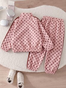SHEIN Genkimix Kids 2件組女童春秋新款防風布料酒紅波點休閒時尚蝴蝶結緞帶裝飾立領前開拉鍊上衣與休閒長褲可愛甜美套裝 - 粉色 - 查看 2