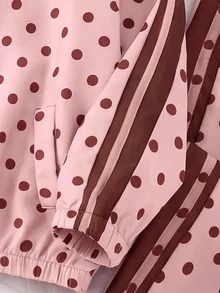 SHEIN Genkimix Kids 2件組女童春秋新款防風布料酒紅波點休閒時尚蝴蝶結緞帶裝飾立領前開拉鍊上衣與休閒長褲可愛甜美套裝 - 粉色 - 查看 6