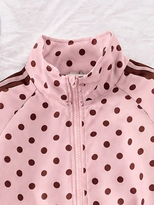 SHEIN Genkimix Kids 2件組女童春秋新款防風布料酒紅波點休閒時尚蝴蝶結緞帶裝飾立領前開拉鍊上衣與休閒長褲可愛甜美套裝 - 粉色 - 查看 4