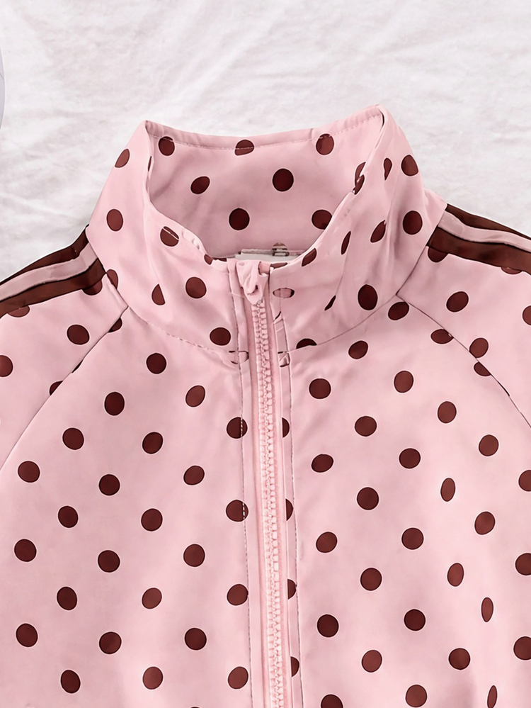 SHEIN Genkimix Kids 2pcs/Set Girls' Spring/Autumn New Windbreaker Fabric Burgundy Polka Dot Casual Fashion Bow Ribbon Decor Stand Collar Zipper Front Top And Casual Pants Cute Sweet Outfit - Pink - View 4