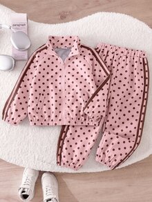 SHEIN Genkimix Kids 2件組女童春秋新款防風布料酒紅波點休閒時尚蝴蝶結緞帶裝飾立領前開拉鍊上衣與休閒長褲可愛甜美套裝 - 粉色 - 查看 7