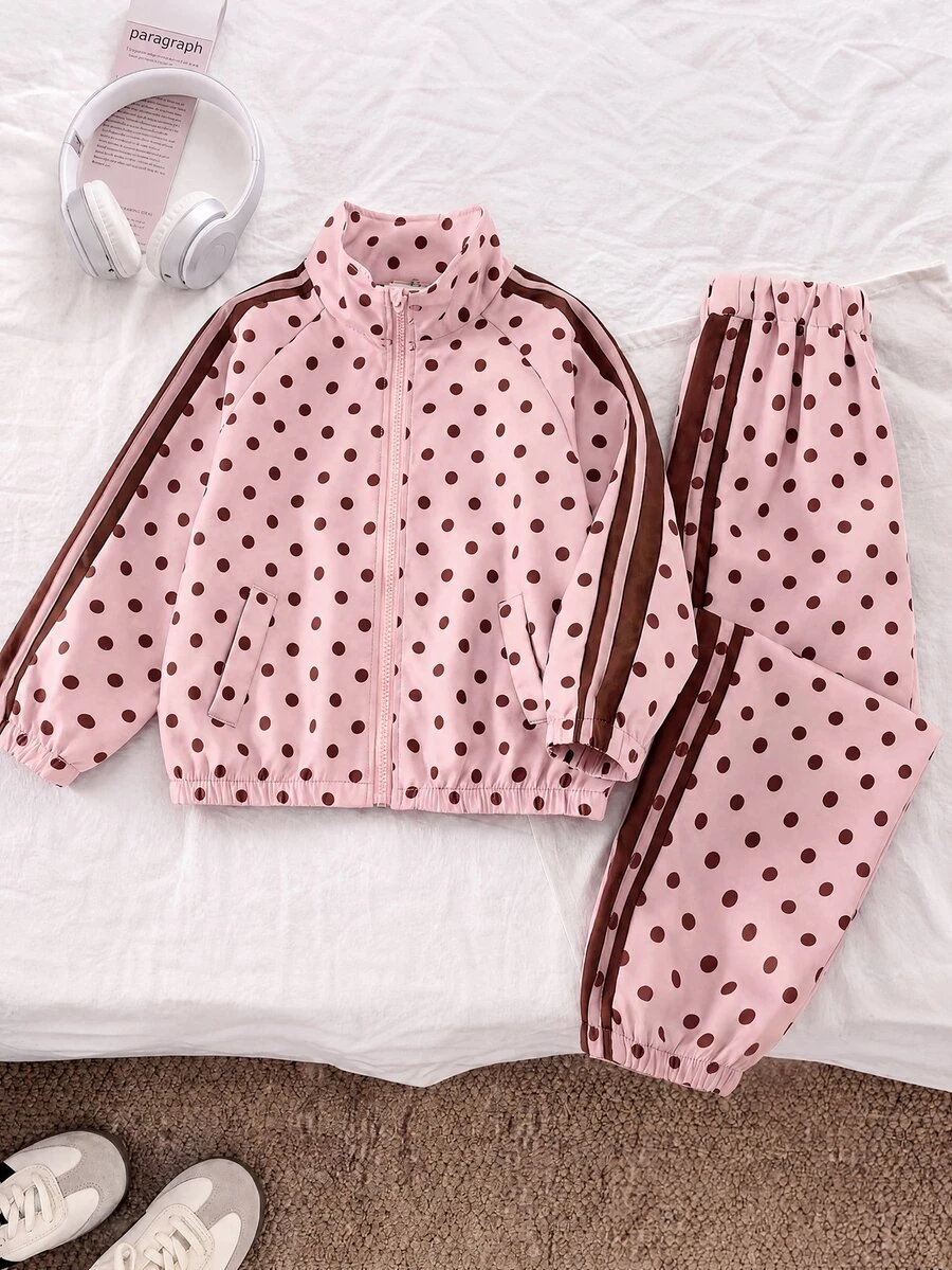 SHEIN Genkimix Kids 2件組女童春秋新款防風布料酒紅波點休閒時尚蝴蝶結緞帶裝飾立領前開拉鍊上衣與休閒長褲可愛甜美套裝 - 粉色 - 查看 1