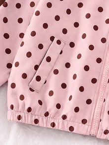 SHEIN Genkimix Kids 2件組女童春秋新款防風布料酒紅波點休閒時尚蝴蝶結緞帶裝飾立領前開拉鍊上衣與休閒長褲可愛甜美套裝 - 粉色 - 查看 3
