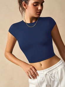 VARSIVA 女款海軍藍露背運動背心 T-shirt，柔軟透氣彈性面料，綁帶式短版上衣，適合瑜伽、健身房、健身與休閒穿著 - 藏蓝色 - 查看 8