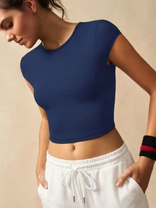 VARSIVA 女款海軍藍露背運動背心 T-shirt，柔軟透氣彈性面料，綁帶式短版上衣，適合瑜伽、健身房、健身與休閒穿著 - 藏蓝色 - 查看 5