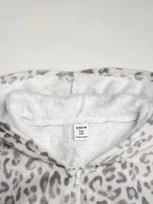 SHEIN 青少年女孩黑色愛心印花抓絨連帽拉鍊外套，秋季毛絨冬季外套，返校穿搭 - 杏色 - 查看 4