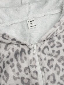 SHEIN 青少年女孩黑色愛心印花抓絨連帽拉鍊外套，秋季毛絨冬季外套，返校穿搭 - 杏色 - 查看 5