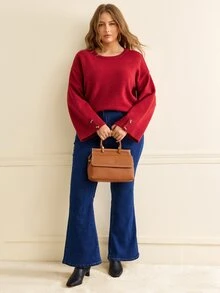 Écloséra Curve Plus Size Women's Round Neck Long Sleeve Solid Color Button Detail Knit Pullover Sweater Casual Elegant Minimalist Fall Christmas Homewear Evening - Burgundy - View 6
