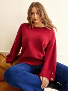 Écloséra Curve Plus Size Women's Round Neck Long Sleeve Solid Color Button Detail Knit Pullover Sweater Casual Elegant Minimalist Fall Christmas Homewear Evening - Burgundy - View 1