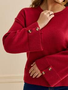 Écloséra Curve Plus Size Women's Round Neck Long Sleeve Solid Color Button Detail Knit Pullover Sweater Casual Elegant Minimalist Fall Christmas Homewear Evening - Burgundy - View 3