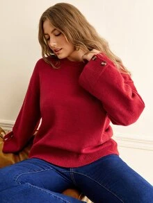 Écloséra Curve Plus Size Women's Round Neck Long Sleeve Solid Color Button Detail Knit Pullover Sweater Casual Elegant Minimalist Fall Christmas Homewear Evening - Burgundy - View 7