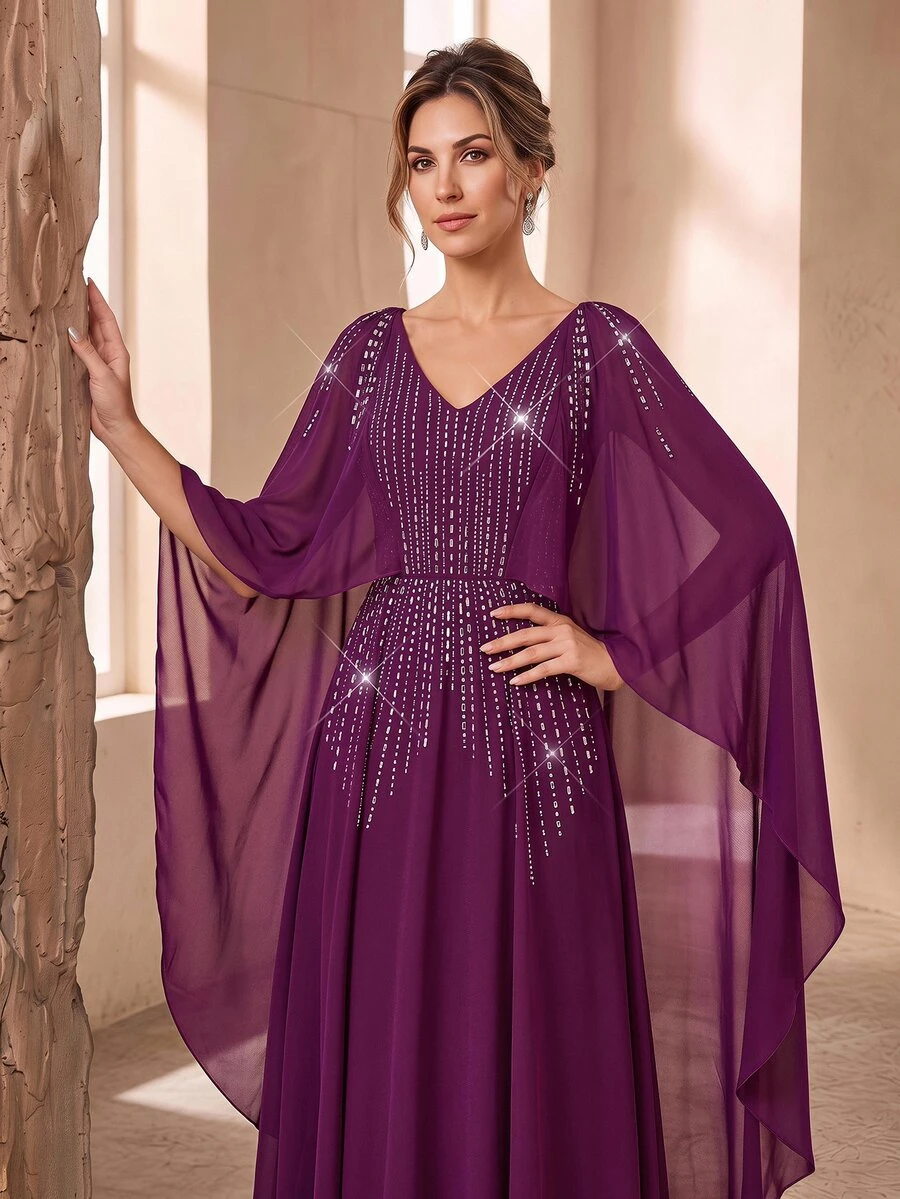 Serin Elegant Formal Purple Chiffon Heavy Rhinestone Embellished Cape A-Line Evening Wedding Gown, Bride's Mother, Bridesmaids, Festivals Fall