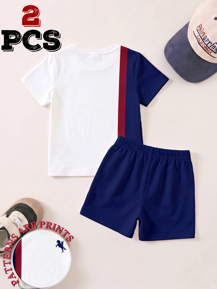 Young Boys Blue T-Shirt Shorts 2 Pieces Set Cute Cartoon Bear Graphic Print Elastic Waist Summer Tracksuit Outfit Birthday Beach - Multicolor - View 2