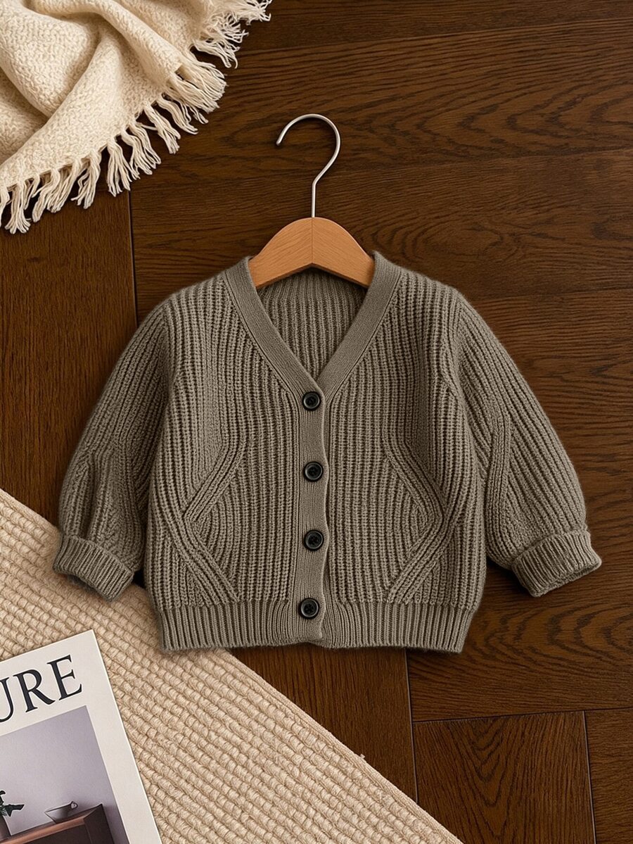 SHEIN New Fashion Versatile Baby Girl Khaki Long Sleeve Casual Cardigan Autumn Fall