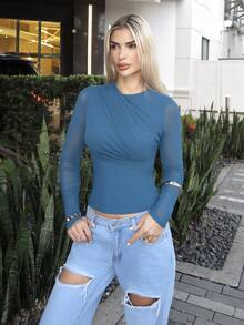 Luzma Cabello Luzma Cabello Women's Elegant Solid Color Pleated Long Sleeve T-Shirt Fall - Teal Blue - View 4