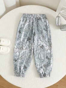 SHEIN 兒童小男孩休閒街頭風運動可愛日常舒適街頭服飾乾葉印花百搭直筒褲附織帶，適合外出、學校、日常聚會，秋冬款 - 彩色 - 查看 4