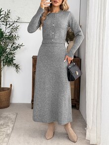 EMERY ROSE 女款鈕扣前開襟針織開襟衫高腰裙套裝，圓領長袖毛衣兩件式套裝，秋冬辦公室茶會灰色優雅風 - 灰色 - 查看 4