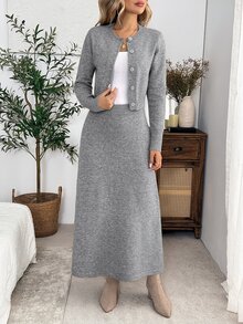 EMERY ROSE 女款鈕扣前開襟針織開襟衫高腰裙套裝，圓領長袖毛衣兩件式套裝，秋冬辦公室茶會灰色優雅風 - 灰色 - 查看 7