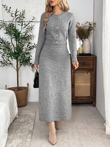 EMERY ROSE 女款鈕扣前開襟針織開襟衫高腰裙套裝，圓領長袖毛衣兩件式套裝，秋冬辦公室茶會灰色優雅風 - 灰色 - 查看 1