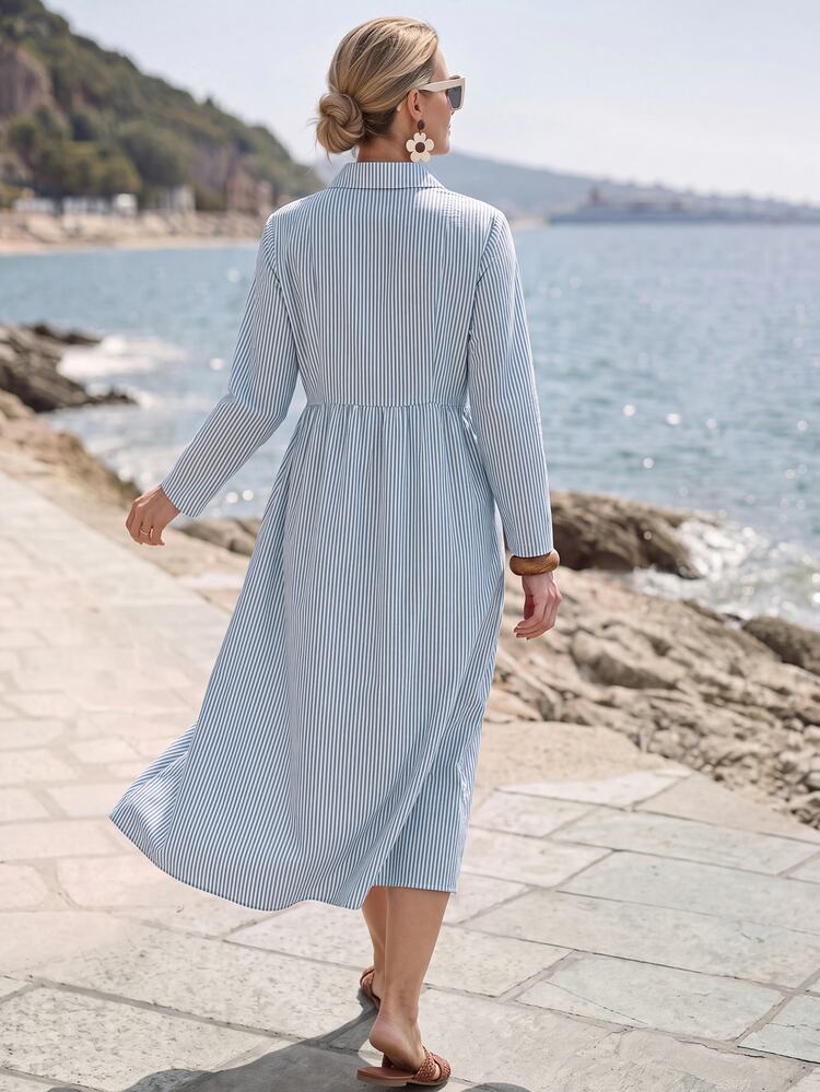 Faunlyn Women's Casual French Chic Elegant Button Half-Placket Striped Dress Fall Dresses For Women Brunch Vacation Blue And White Stripe - Multicolor - View 2