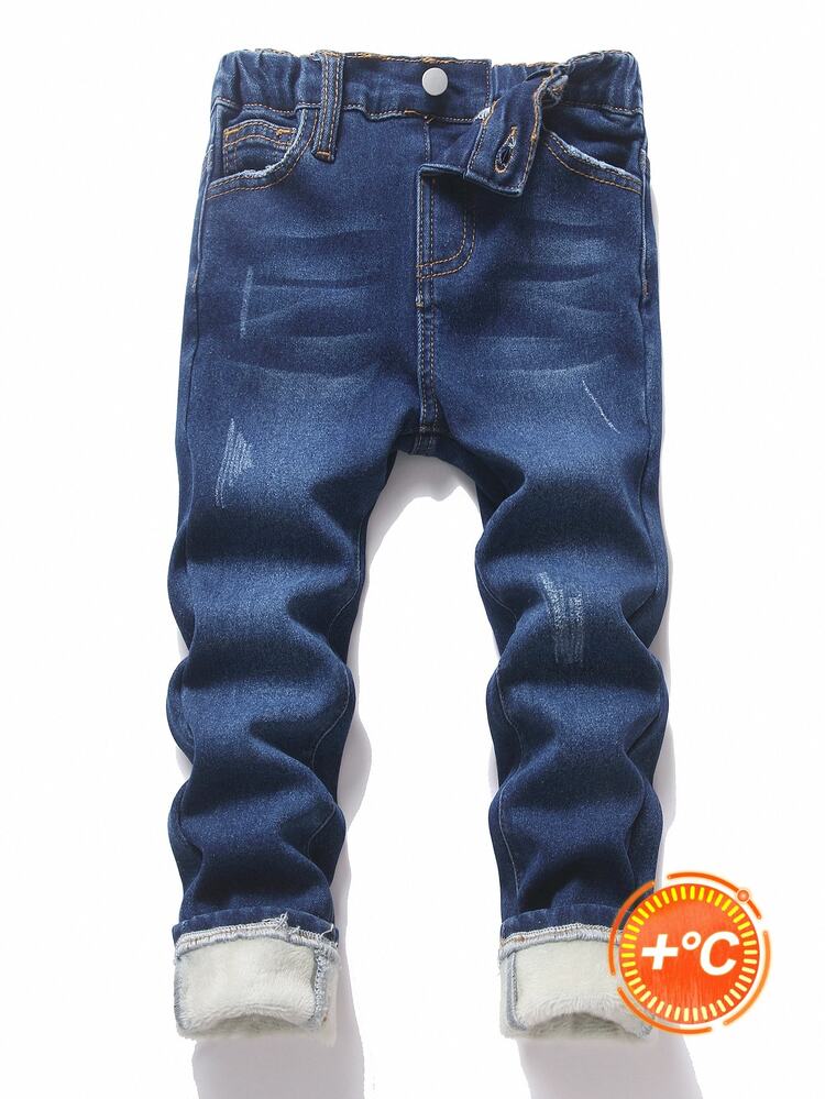 SHEIN Young Boy Fashion Casual Deep Blue Wool-Bottom Stretch Tight Jeans For Autumn And Winter Kids - Blue - View 7