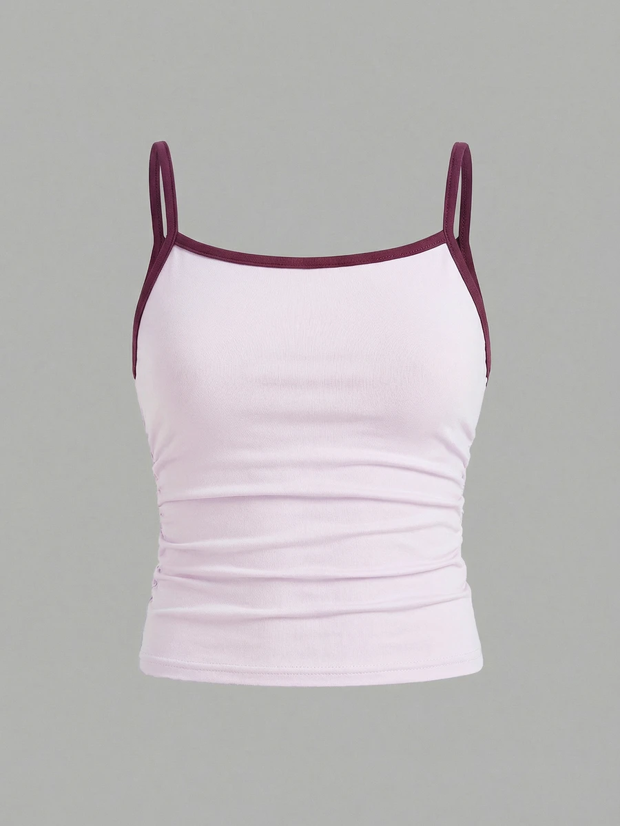 Tween Girl Contrast Trim Fitted Camisole Top,100% Cotton Comfortable Blush Pink,Summer,Casual,Gym,Spring,Outing,Vacation,Back To School,Chill Vibes - Pink - View 1