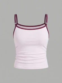 Tween Girl Contrast Trim Fitted Camisole Top,100% Cotton Comfortable Blush Pink,Summer,Casual,Gym,Spring,Outing,Vacation,Back To School,Chill Vibes - Pink - View 5