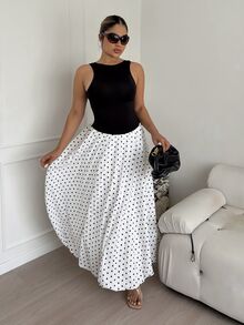 Maria Perezxox 女款優雅高腰黑白波點夏季泡泡下擺長裙，法式復古A字長裙，適合約會、度假海灘旅行 - 黑與白 - 查看 5
