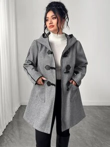 Elenzga Plus Size Women's Winter New Casual Commute College Style Horn Button Decor Black Lace Contrast Color Hooded Overcoat Jacket - Grey - View 3