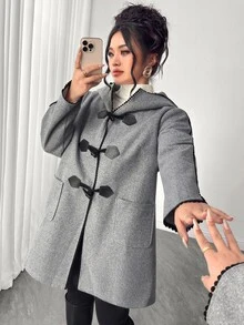 Elenzga Plus Size Women's Winter New Casual Commute College Style Horn Button Decor Black Lace Contrast Color Hooded Overcoat Jacket - Grey - View 7