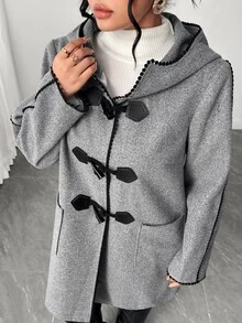 Elenzga Plus Size Women's Winter New Casual Commute College Style Horn Button Decor Black Lace Contrast Color Hooded Overcoat Jacket - Grey - View 6
