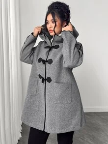 Elenzga Plus Size Women's Winter New Casual Commute College Style Horn Button Decor Black Lace Contrast Color Hooded Overcoat Jacket - Grey - View 1