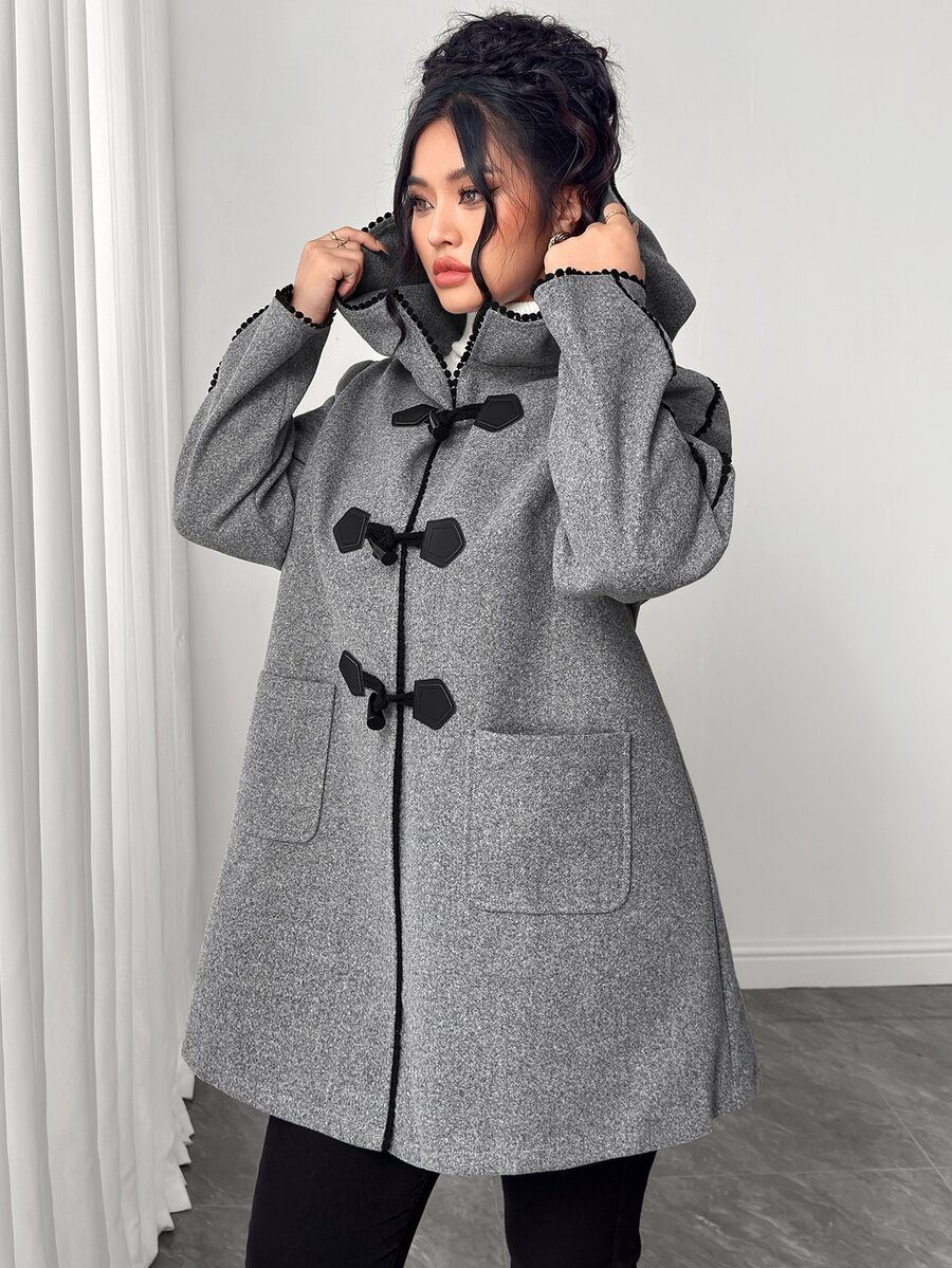 Elenzga Plus Size Women's Winter New Casual Commute College Style Horn Button Decor Black Lace Contrast Color Hooded Overcoat Jacket - Grey - View 1