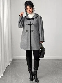 Elenzga Plus Size Women's Winter New Casual Commute College Style Horn Button Decor Black Lace Contrast Color Hooded Overcoat Jacket - Grey - View 5